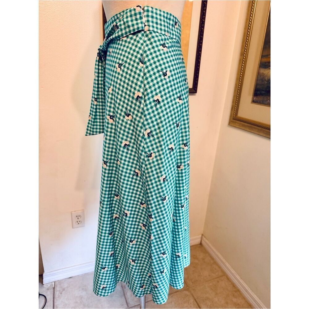 ANN TAYLOR Factory Green/White Checker Floral Tie-Waist Skirt Size 12 - Picture 9 of 15